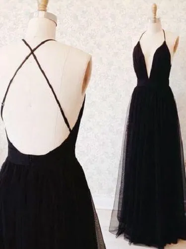 Cross Back Spaghetti Strap Deep V-Neck Tulle Black Prom Dress