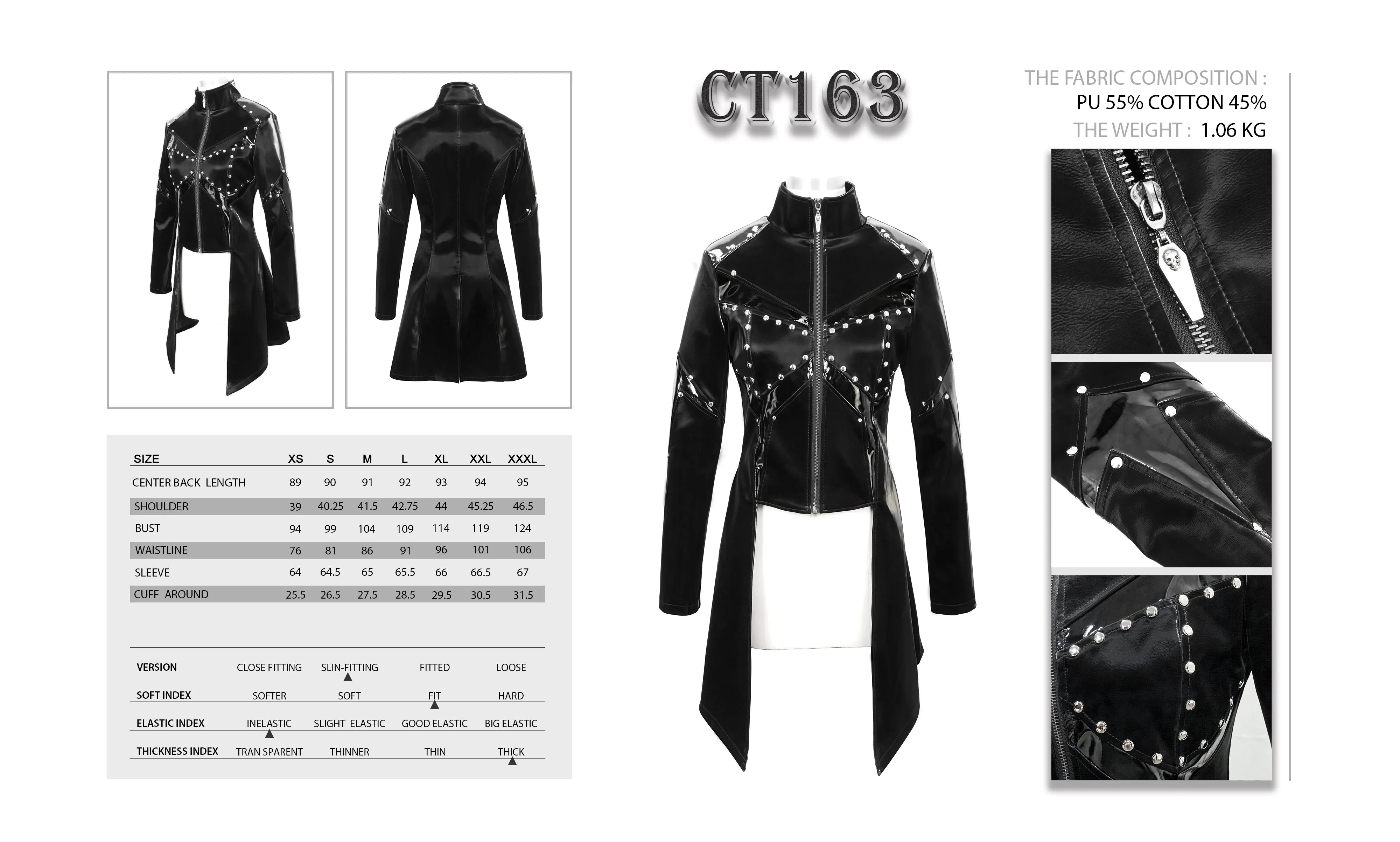 CT163 Cyber punk nailed zipper up black bright leather women long coat