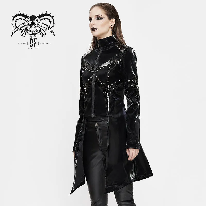 CT163 Cyber punk nailed zipper up black bright leather women long coat