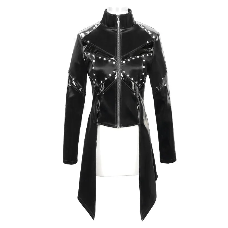 CT163 Cyber punk nailed zipper up black bright leather women long coat