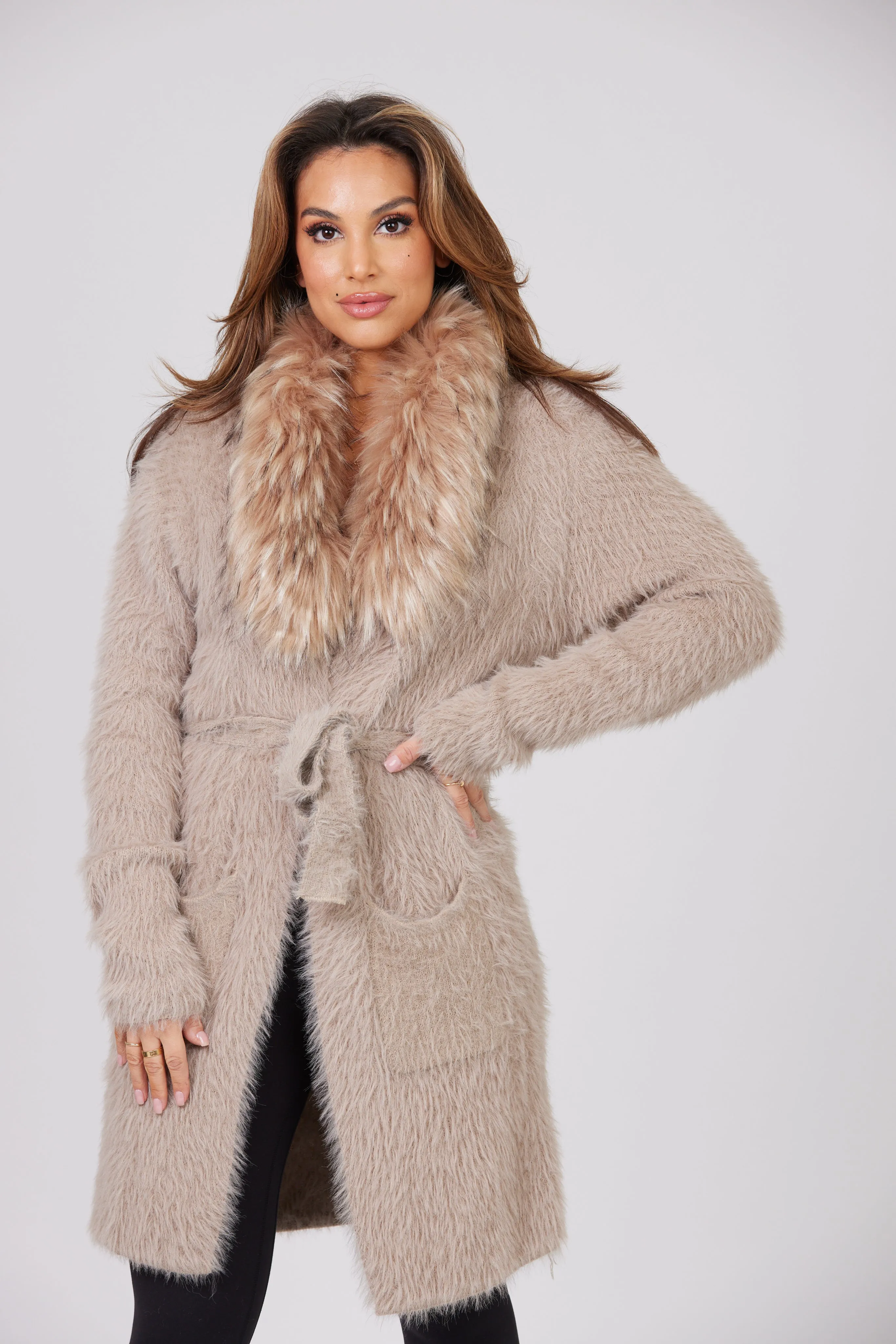 CYNTHIA FAUX FUR COLLAR BELTED CARDIGAN