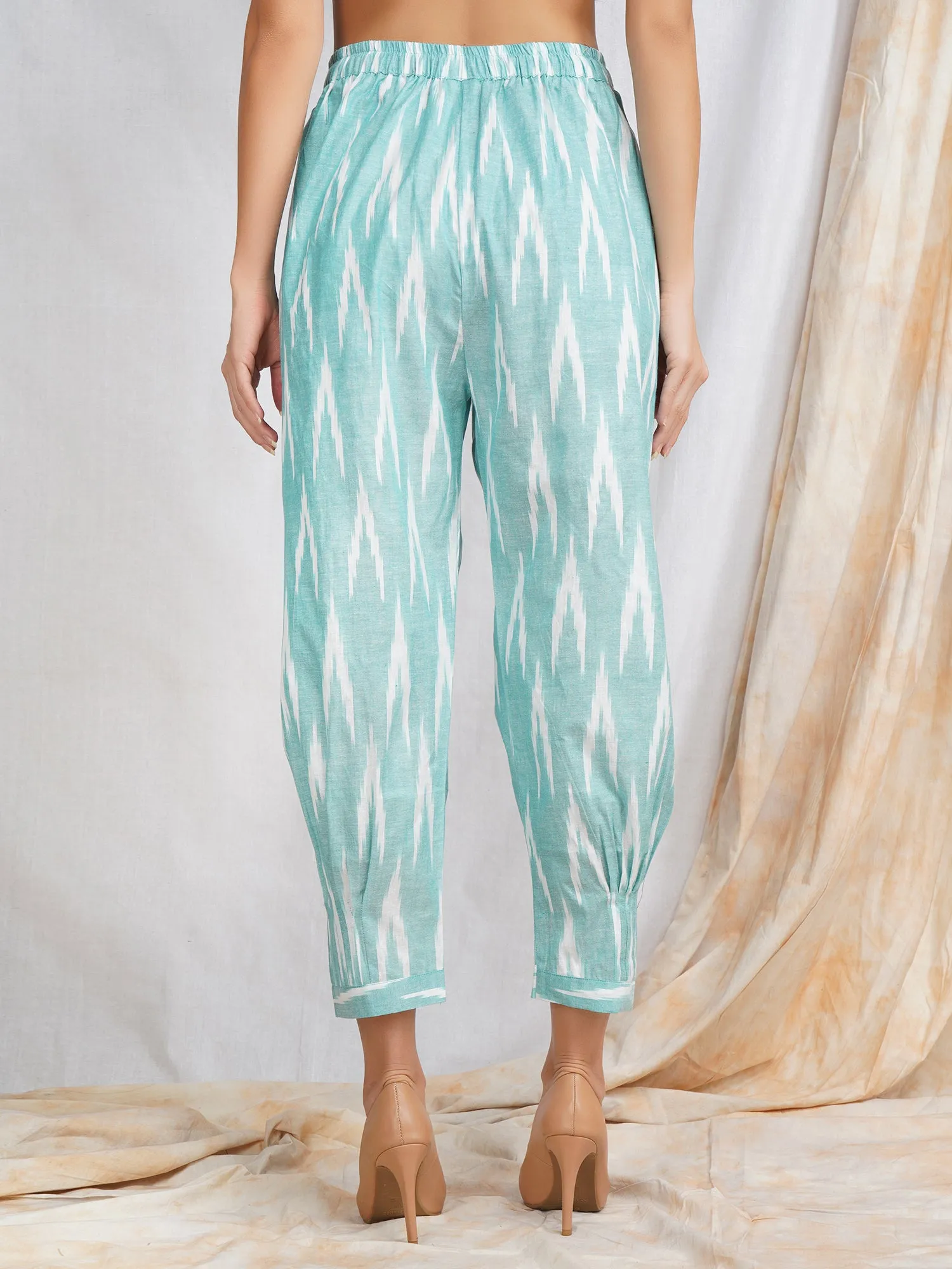 Darzaania Turquoise Ikat Cotton Harem Pants (Free Size)