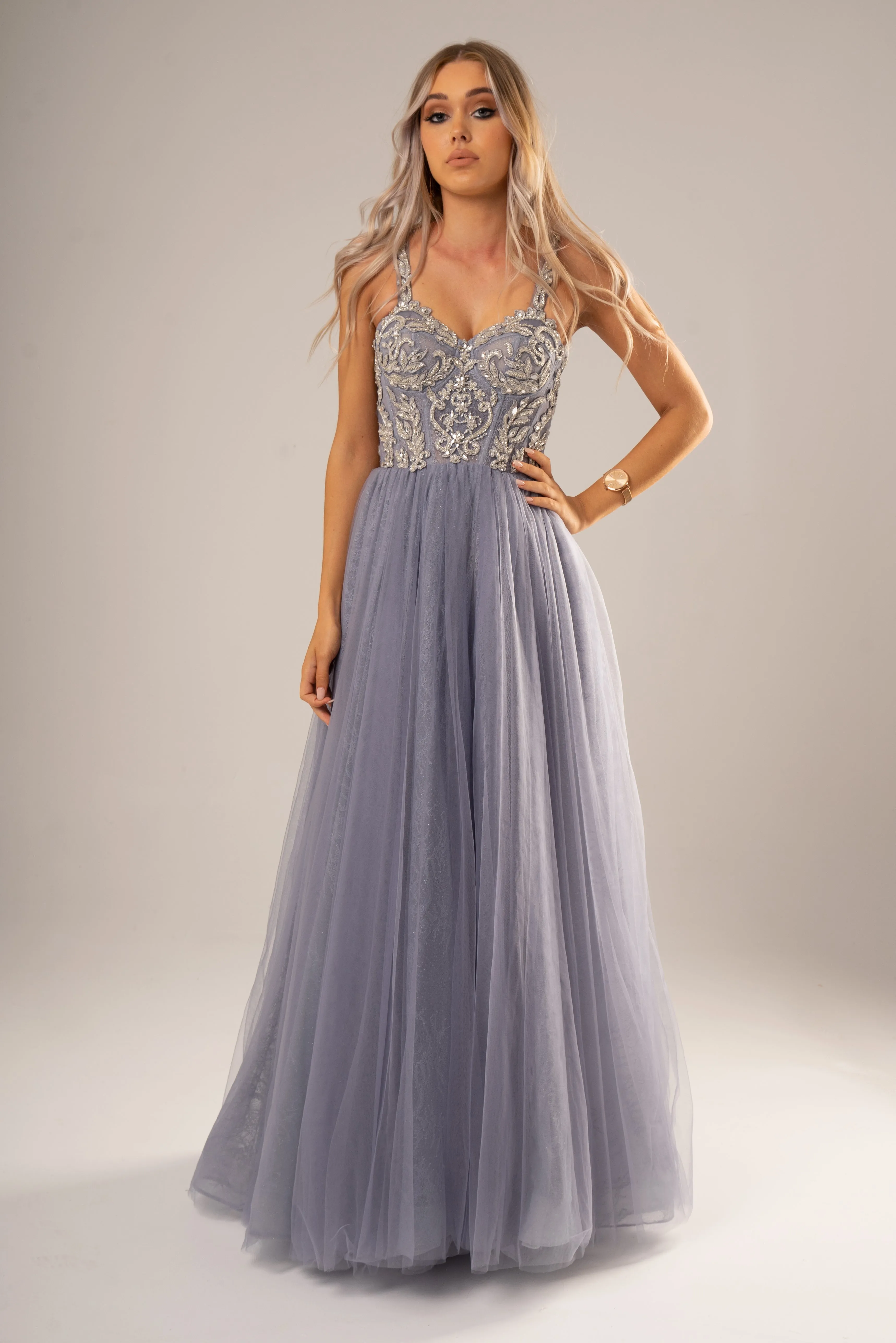 Deep purple with sparkling jewel lace and tulle skirt princess dress for hire