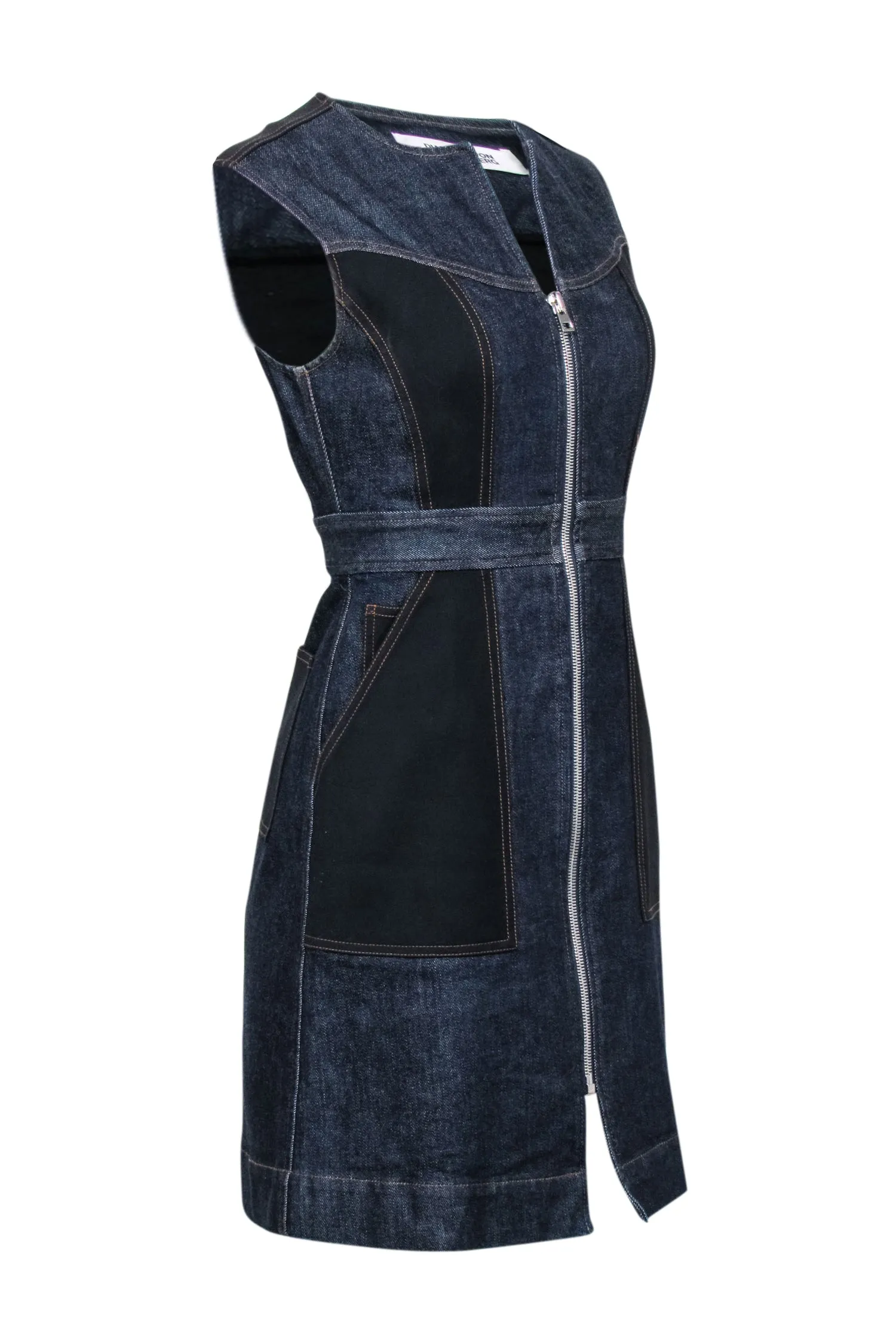 Diane von Furstenberg - Dark Wash Denim & Black Zipper Front Dress Sz 2