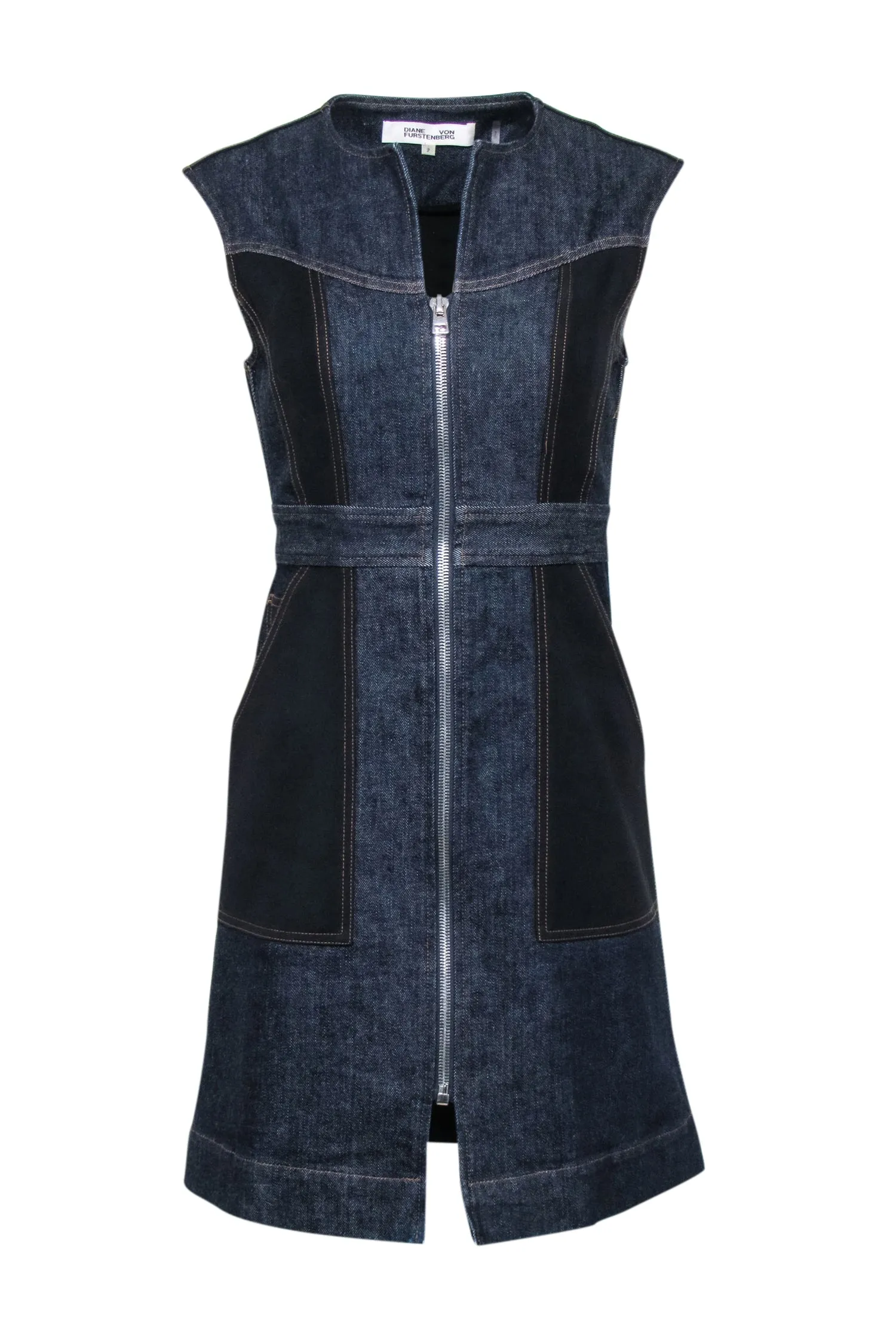 Diane von Furstenberg - Dark Wash Denim & Black Zipper Front Dress Sz 2