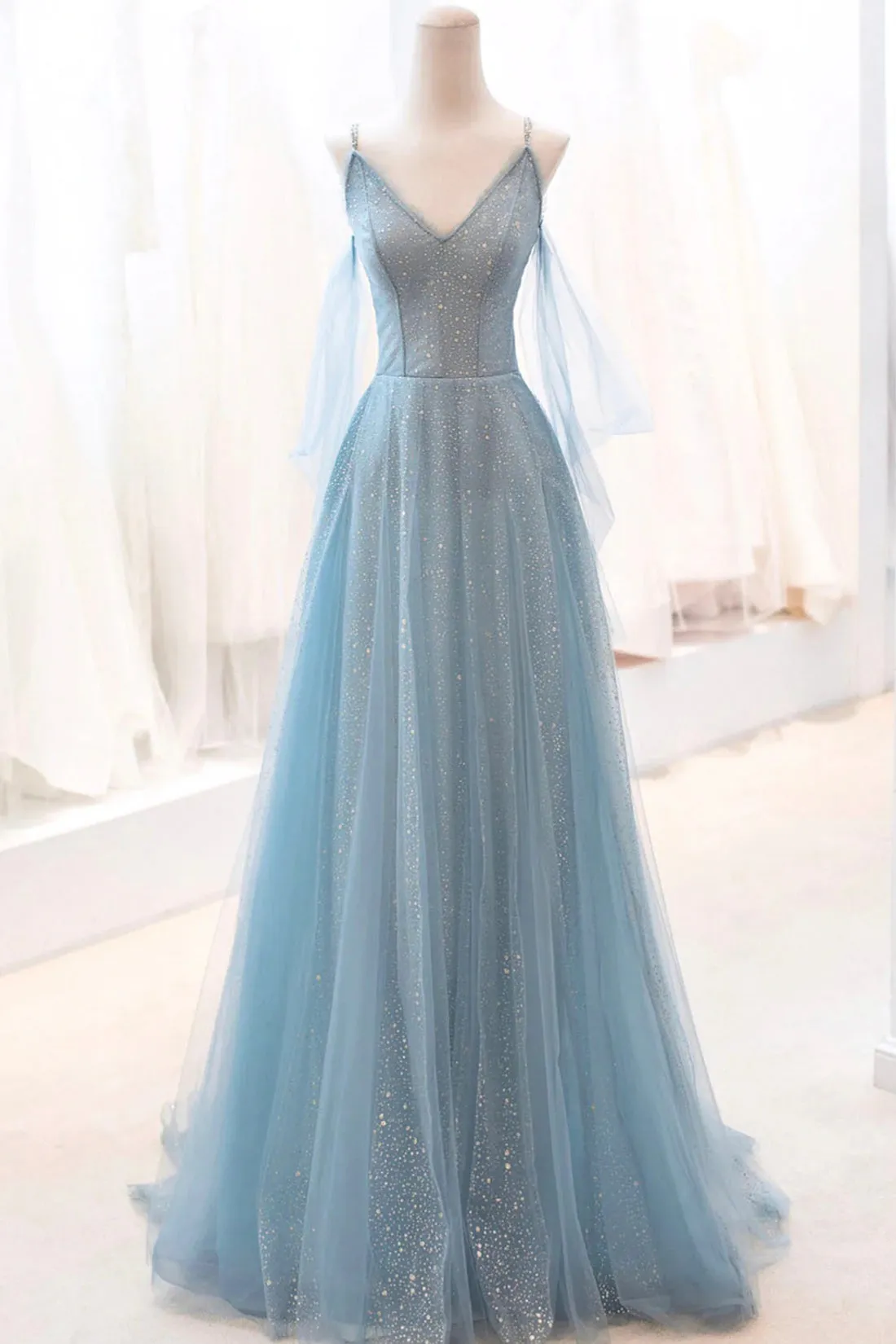 Dusty Blue Sparkly Tulle Long Prom Dress, A-Line Spaghetti Strap Evening Dress