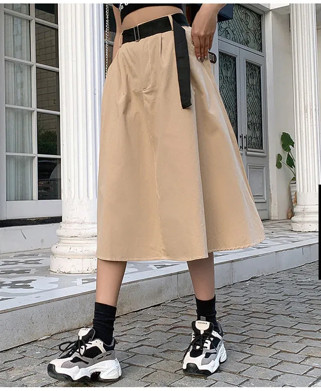 Elegant Elastic Waist Skirt With Belt