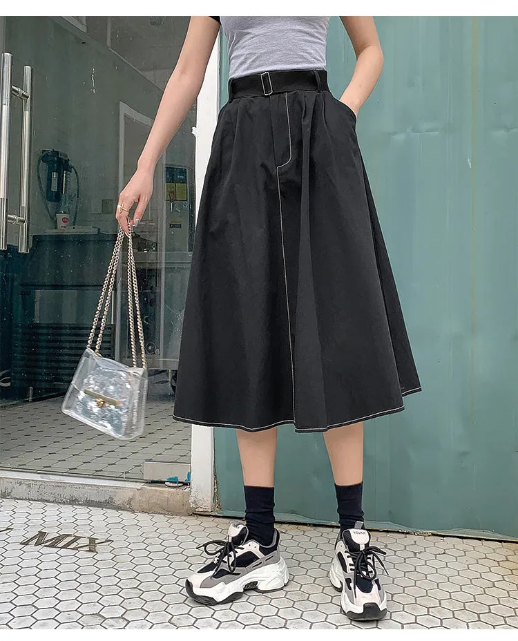 Elegant Elastic Waist Skirt With Belt