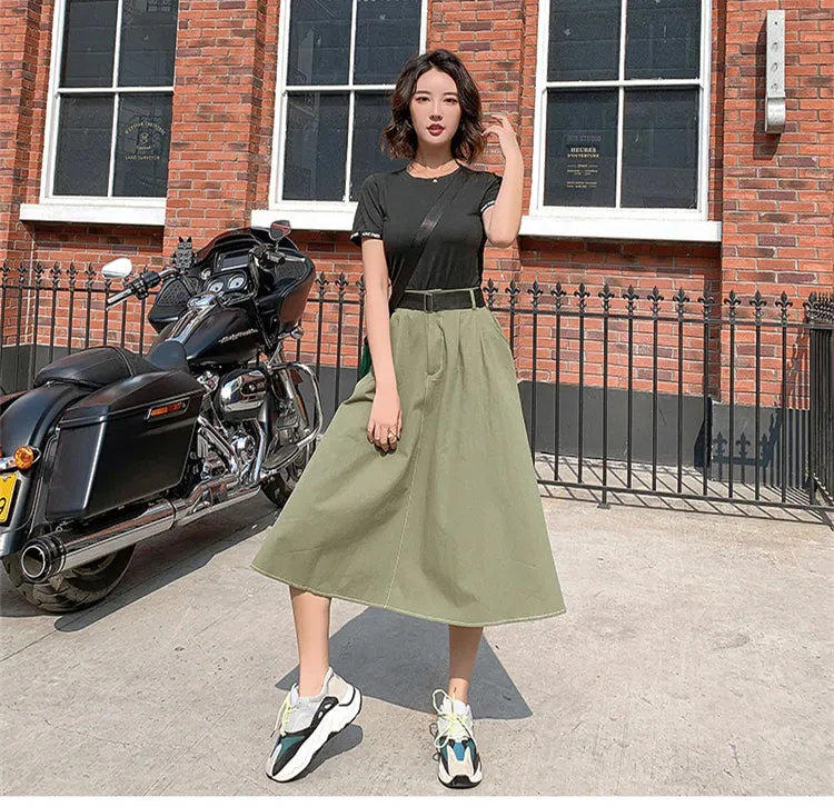 Elegant Elastic Waist Skirt With Belt