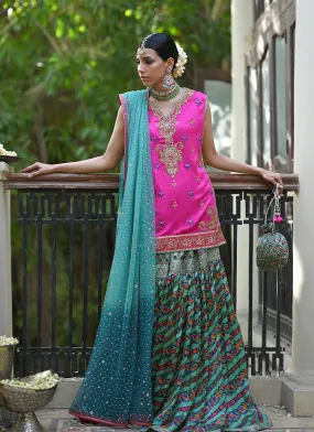 Elena rani pink shirt with block printed gharara