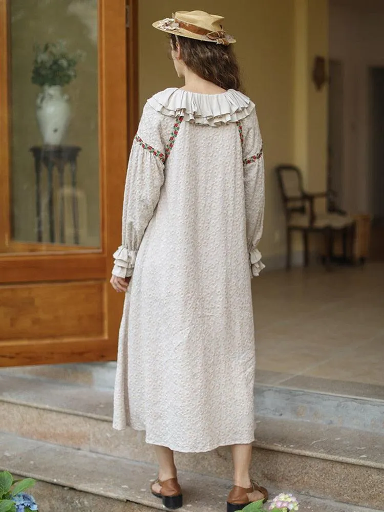 Elsie Vintage Elegant Luxury Embroidery Long Dress Ruffled Collar Casual Loose Cotton Dress