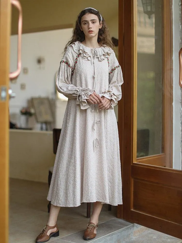 Elsie Vintage Elegant Luxury Embroidery Long Dress Ruffled Collar Casual Loose Cotton Dress