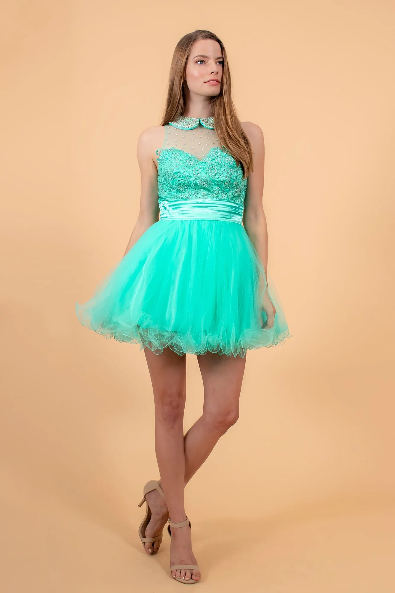 Embroidered Tulle Short Dress with Beaded Collar and Illusion Sweetheart Neckline