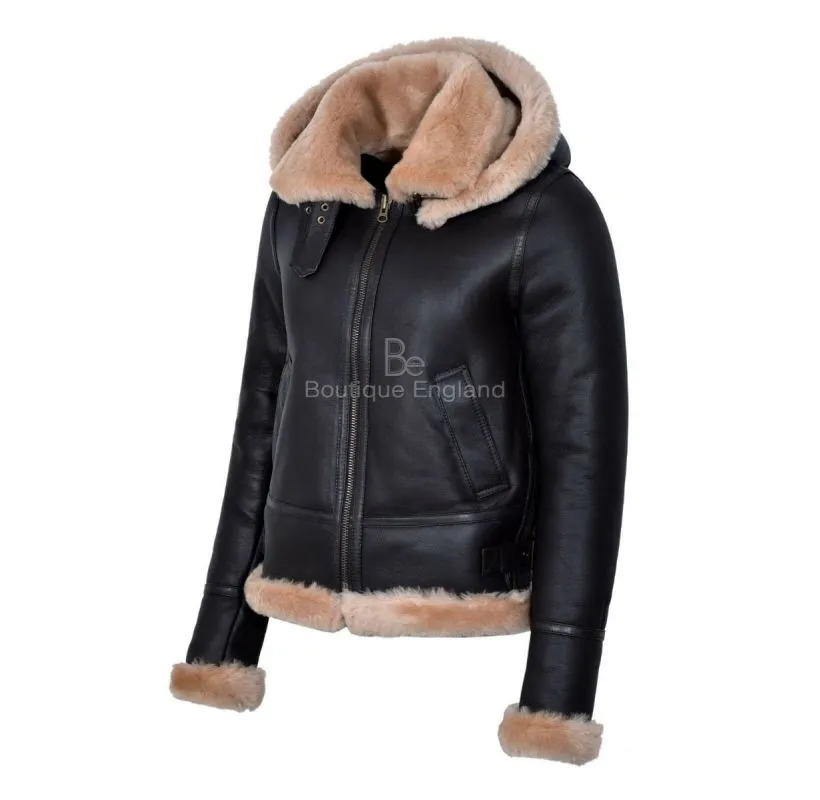 ERIN HOODED SHEEPSKIN JACKET LADIES B3 AVIATOR HOOD SHEARLING FUR JACKET