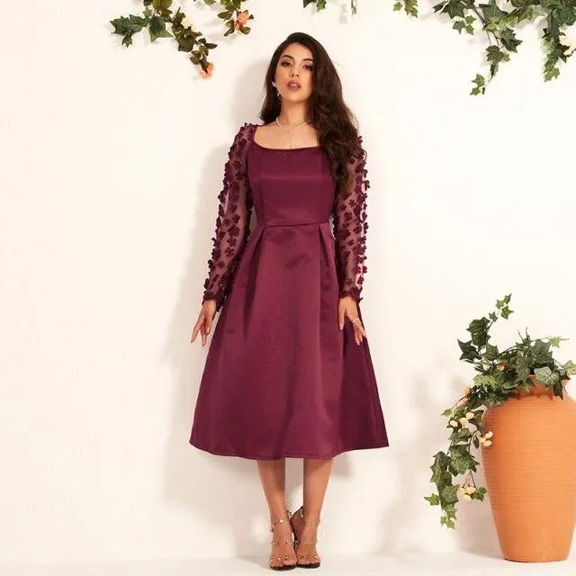 FashionSierra - Western Style Applique Long-sleeved Slim A-line Ladies Host Party Dress Woman Dress