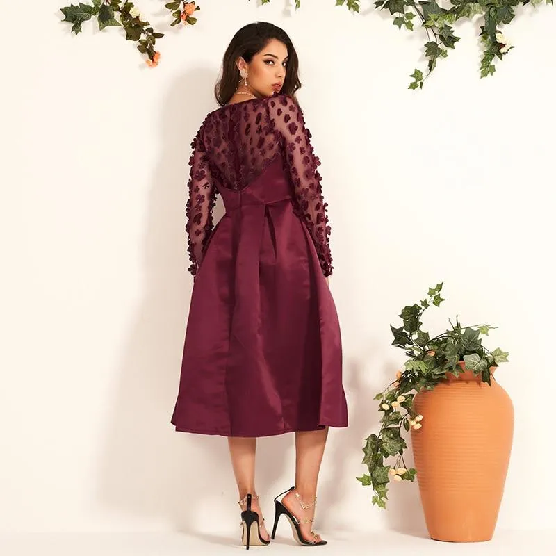 FashionSierra - Western Style Applique Long-sleeved Slim A-line Ladies Host Party Dress Woman Dress