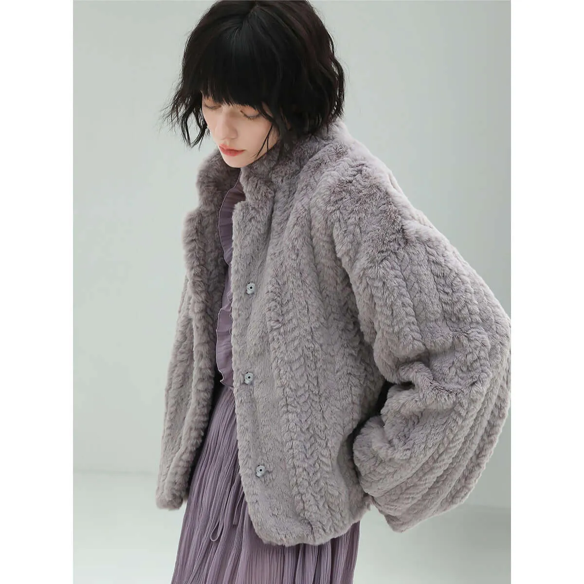 Faux Shearling Knitted Lavender Bomber Jacket