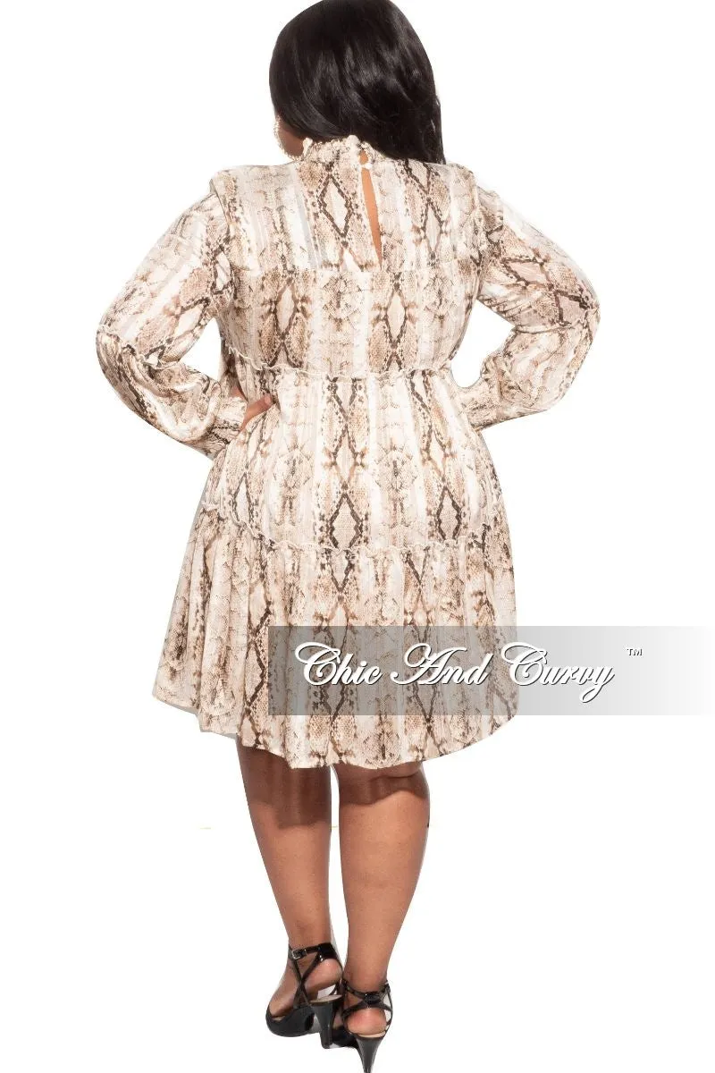 Final Sale Plus Size Mock Neck Ruffle Layer Babydoll Dress in Brown Snake Chiffon