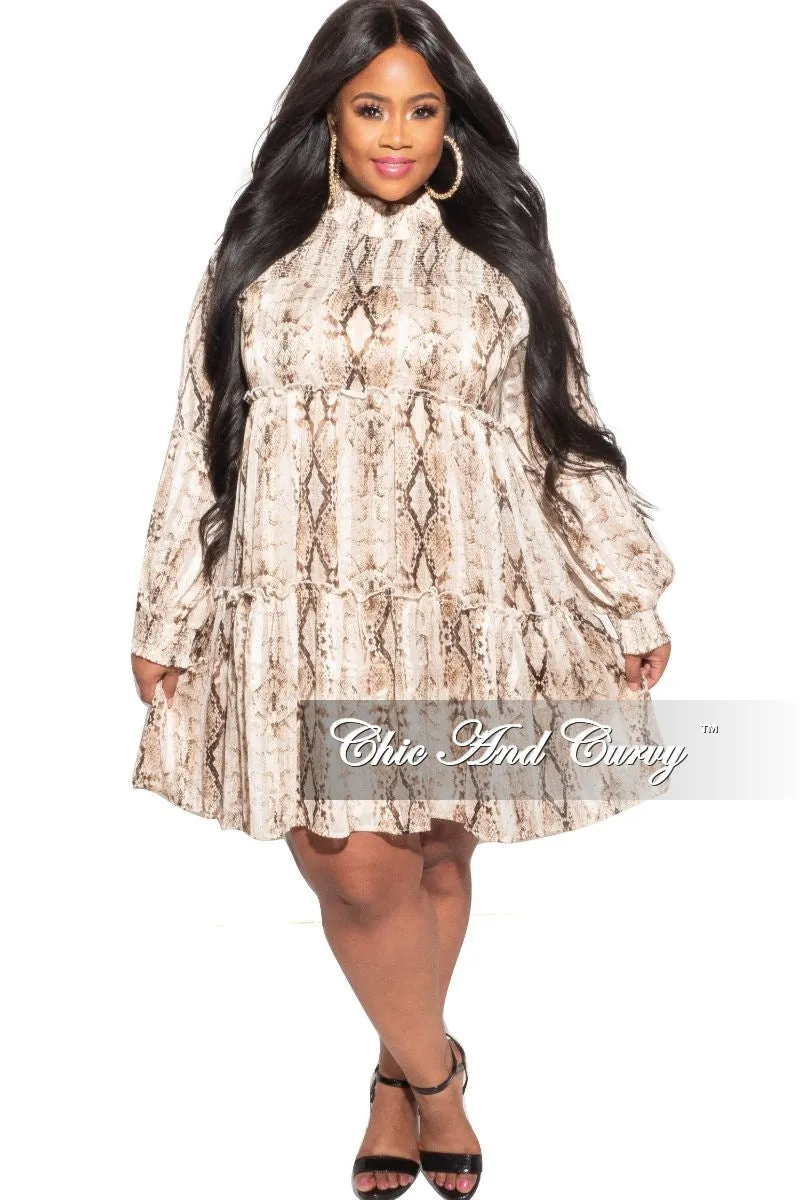 Final Sale Plus Size Mock Neck Ruffle Layer Babydoll Dress in Brown Snake Chiffon