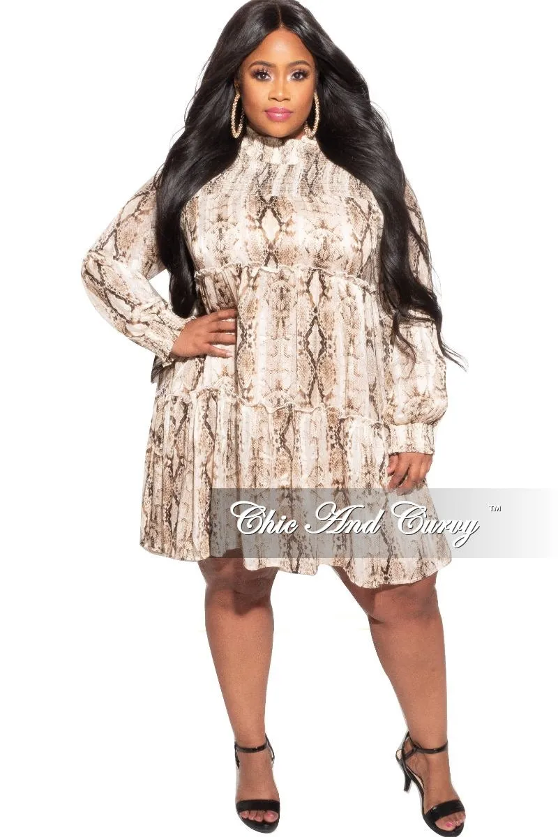 Final Sale Plus Size Mock Neck Ruffle Layer Babydoll Dress in Brown Snake Chiffon