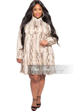 Final Sale Plus Size Mock Neck Ruffle Layer Babydoll Dress in Brown Snake Chiffon