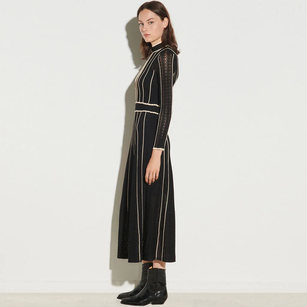 Flattering Stripe Long Sleeve High Neck Knit Pointelle Midi Dress - Black