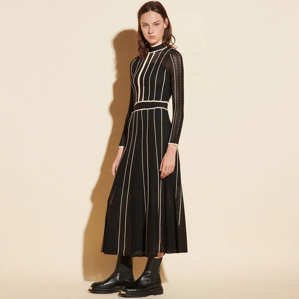 Flattering Stripe Long Sleeve High Neck Knit Pointelle Midi Dress - Black