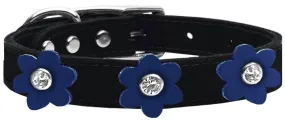 Flower Leather Collar Black With Blue Flowers Size 14