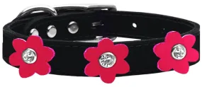 Flower Leather Collar Black With Bright Pink Flowers Size 16