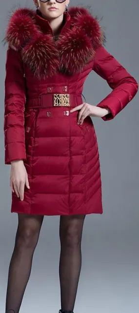 Fur Collar Belted Puffer Down Coat, Maroon Red