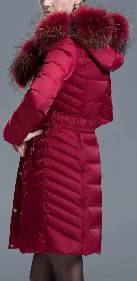 Fur Collar Belted Puffer Down Coat, Maroon Red