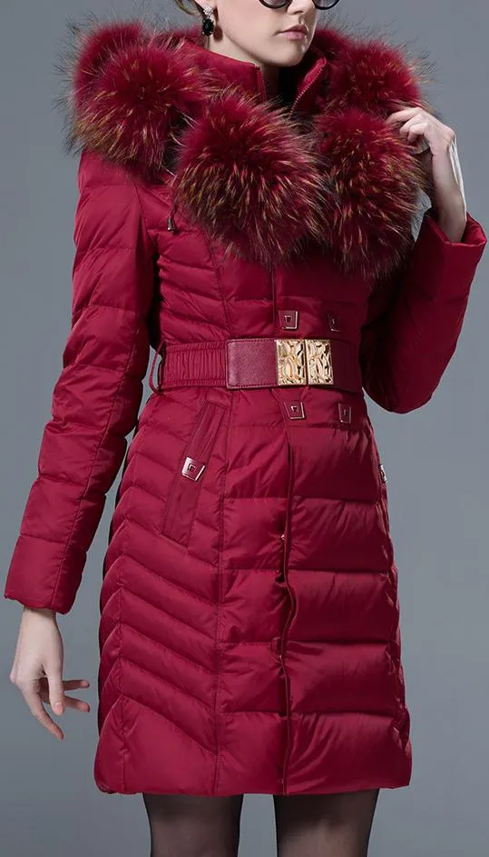 Fur Collar Belted Puffer Down Coat, Maroon Red