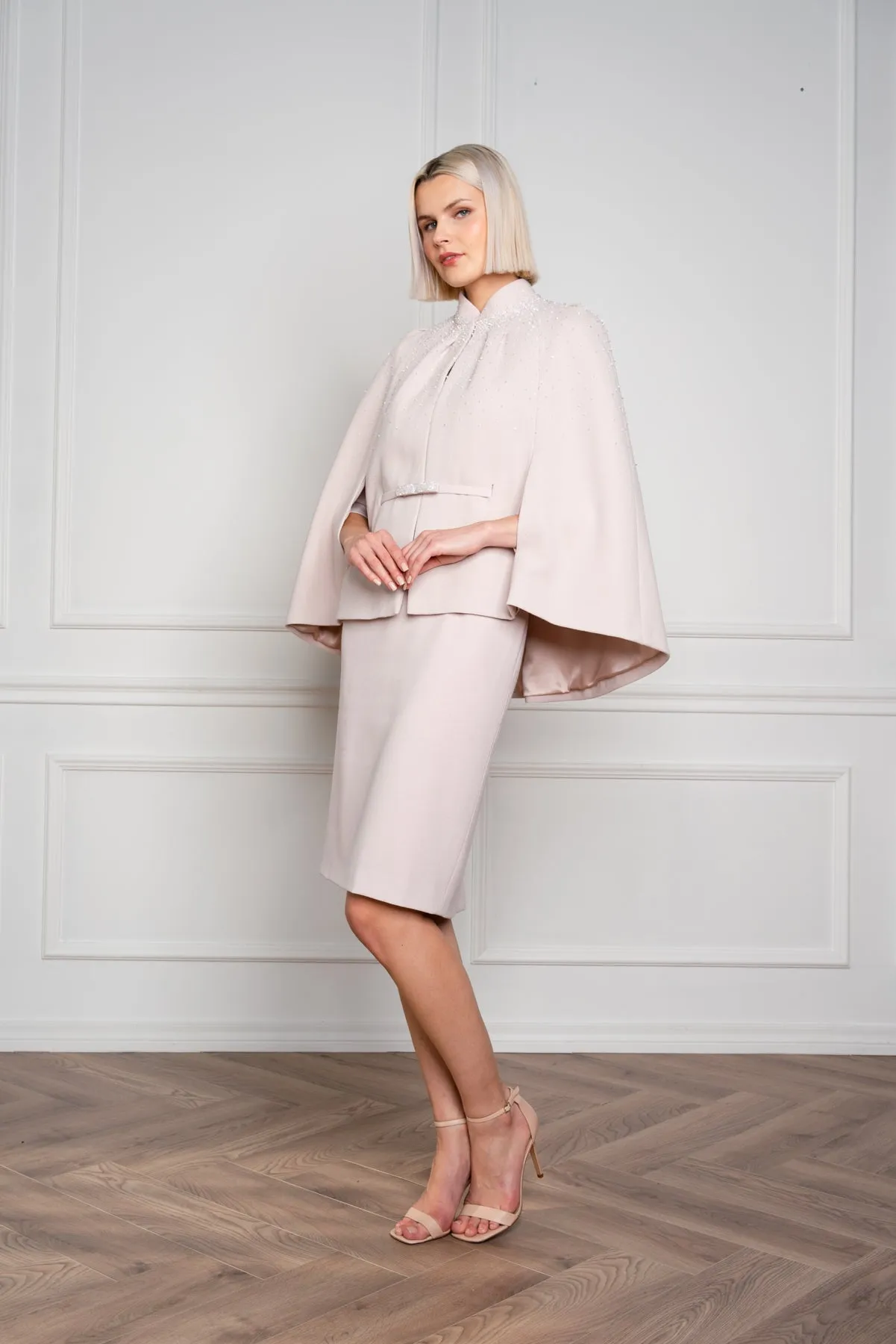 GALATELLA PALE PINK WOOL CREPE CAPE WITH CRYSTAL EMBROIDERY AND BELT