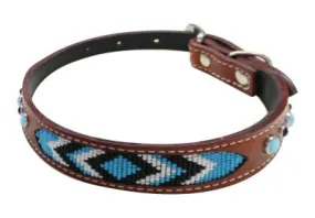 Genuine leather dog collar with blue and black beaded inlay