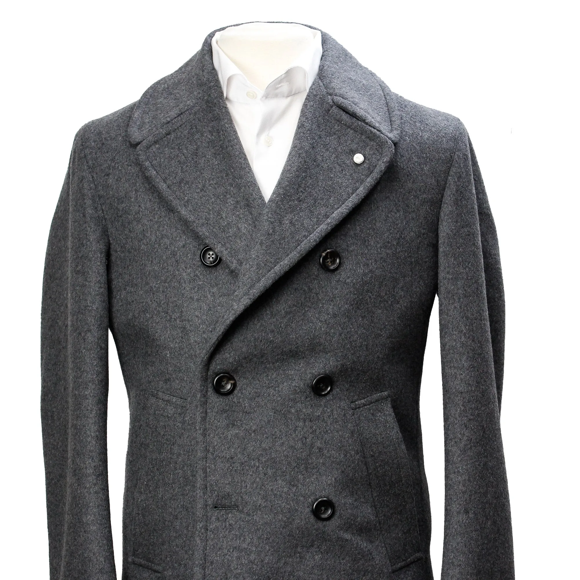 Graphite Gray Double Breasted Wool-Cashmere Peacoat - Luigi Bianchi