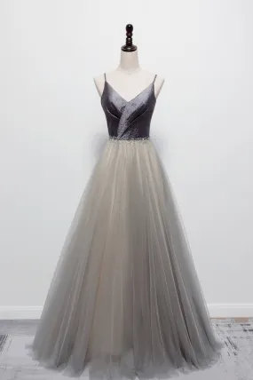 Gray Tulle Long A-Line Prom Dress, V-Neck Spaghetti Straps Evening Dress