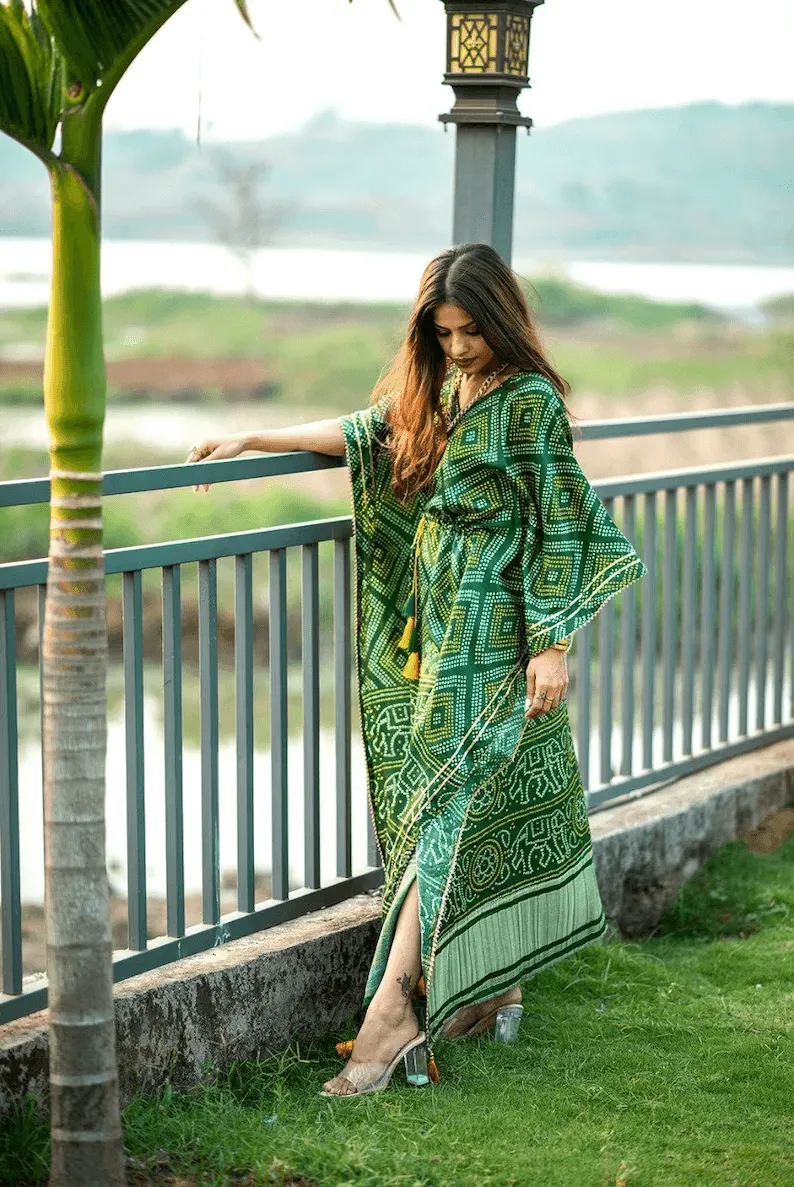 Green Floral Kaftan Dress for Women