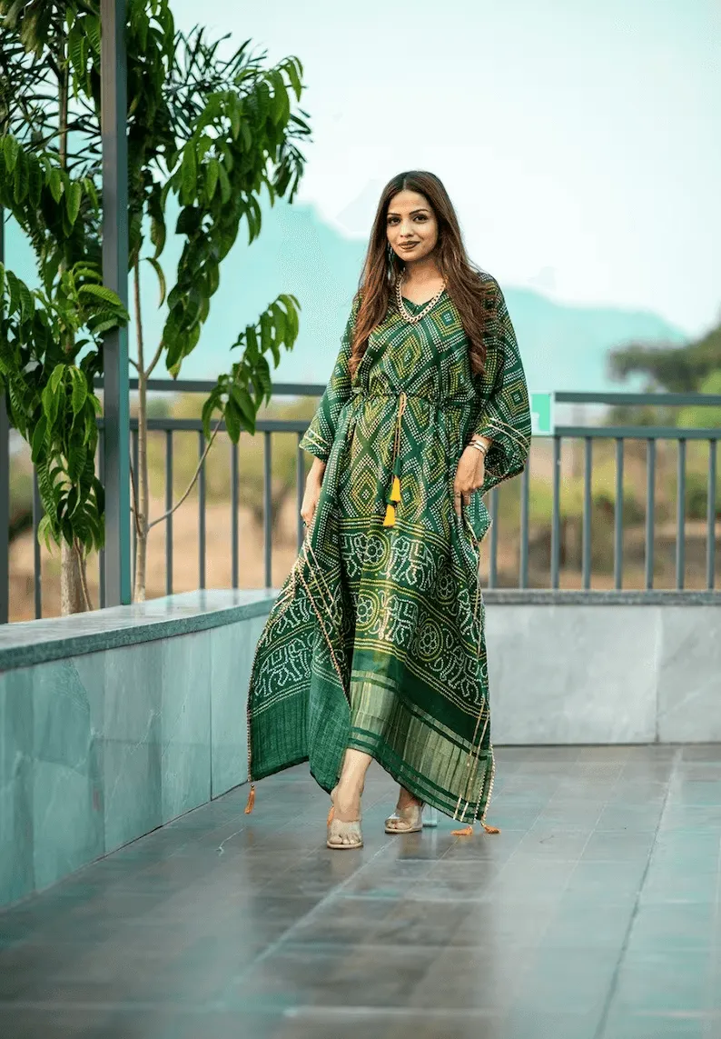 Green Floral Kaftan Dress for Women