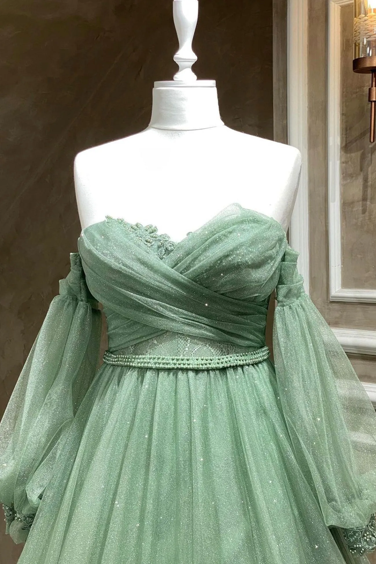 Green Tulle Long Sleeve Prom Dress, A-Line Off the Shoulder Evening Dress