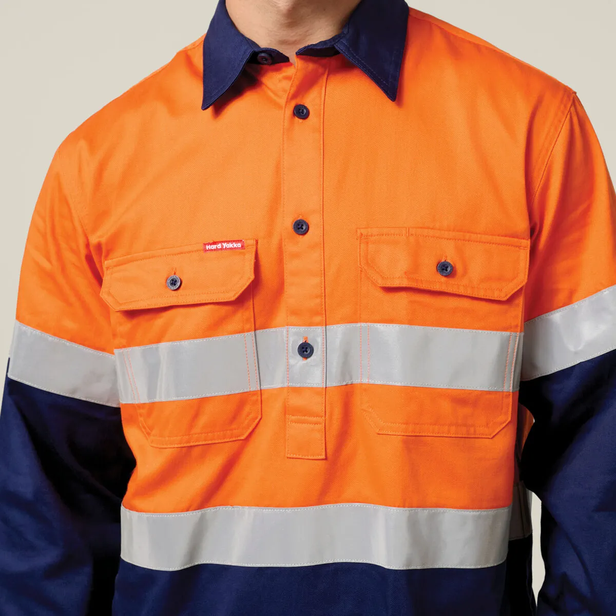 Hard Yakka Core Hi-Vis Long Sleeve Heavyweight Closed Front Taped Shirt Y04615