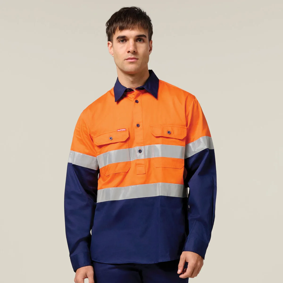 Hard Yakka Core Hi-Vis Long Sleeve Heavyweight Closed Front Taped Shirt Y04615