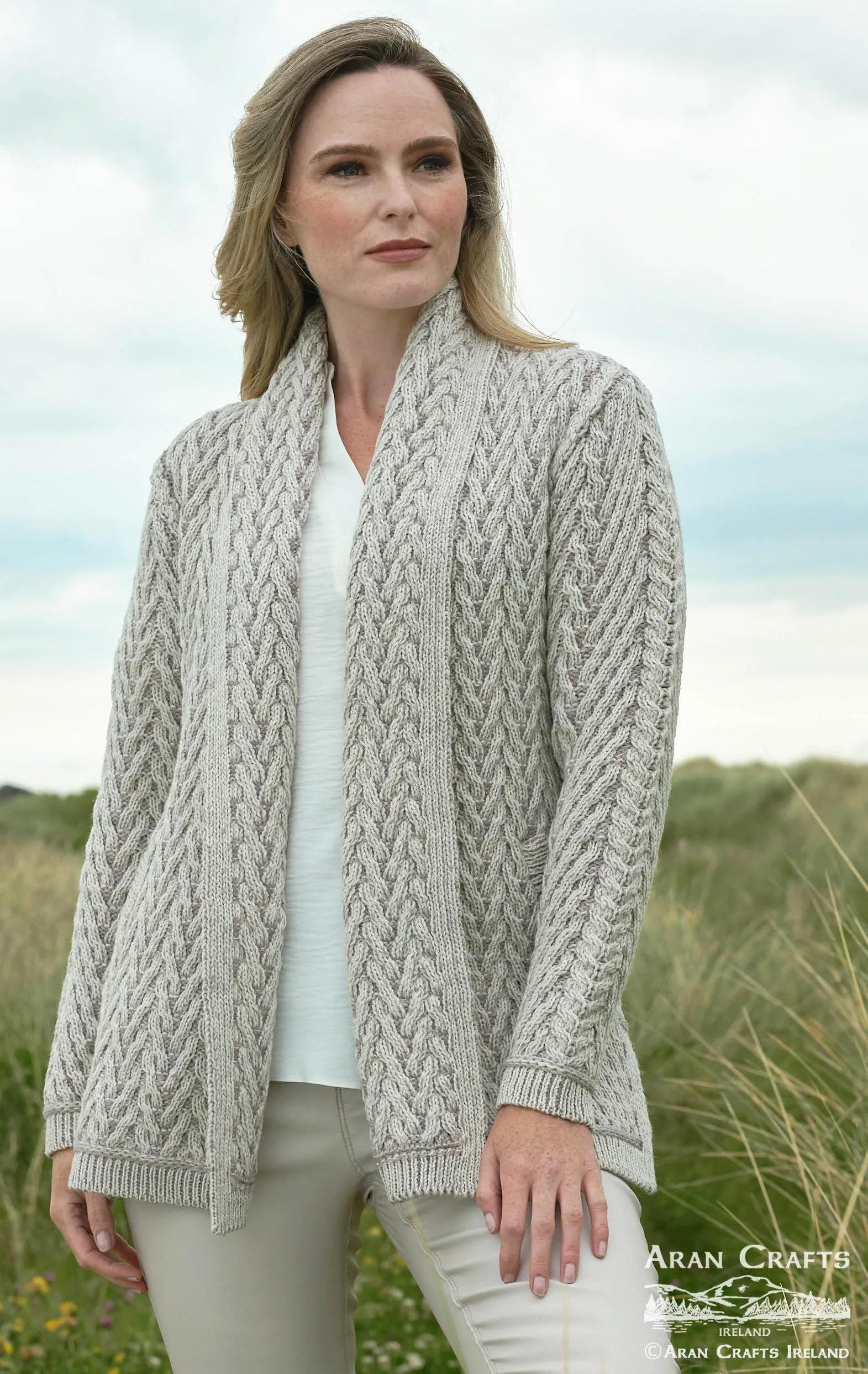 Herringbone Edge to Edge Aran Cardigan | Stone