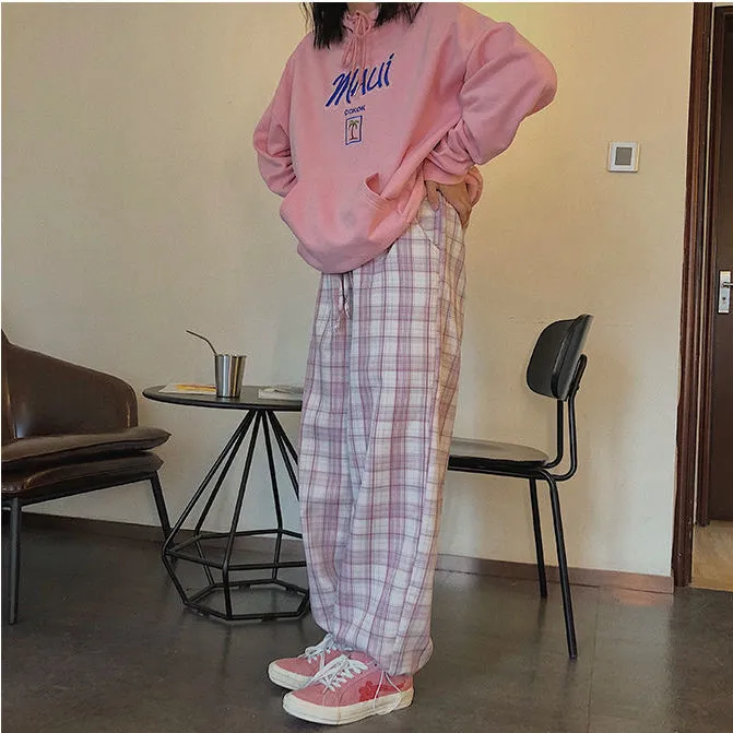 High Waist Pink Plaid Joggers Sweatpants