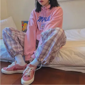 High Waist Pink Plaid Joggers Sweatpants