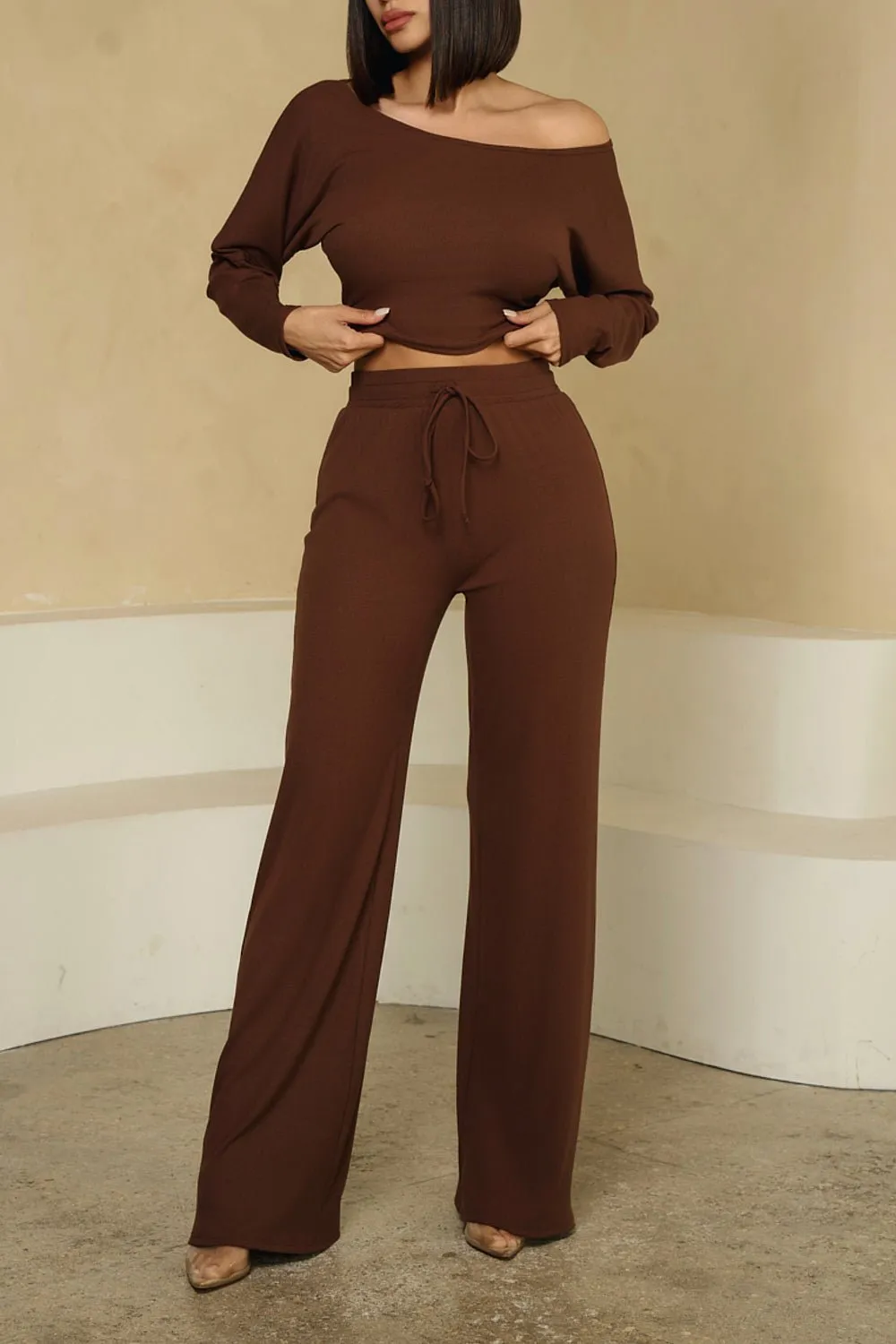 HMS Skins: Chocolate Baby Rib High Waist Drawstring Wide Leg Pants