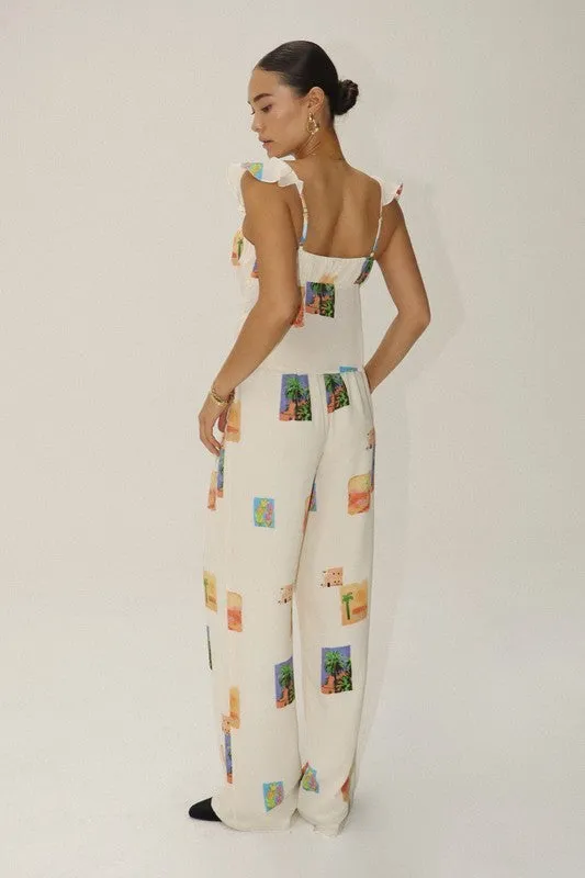 Inara Desert Postcard Print Wide Leg Pants- Cream