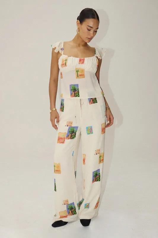 Inara Desert Postcard Print Wide Leg Pants- Cream