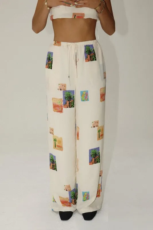 Inara Desert Postcard Print Wide Leg Pants- Cream