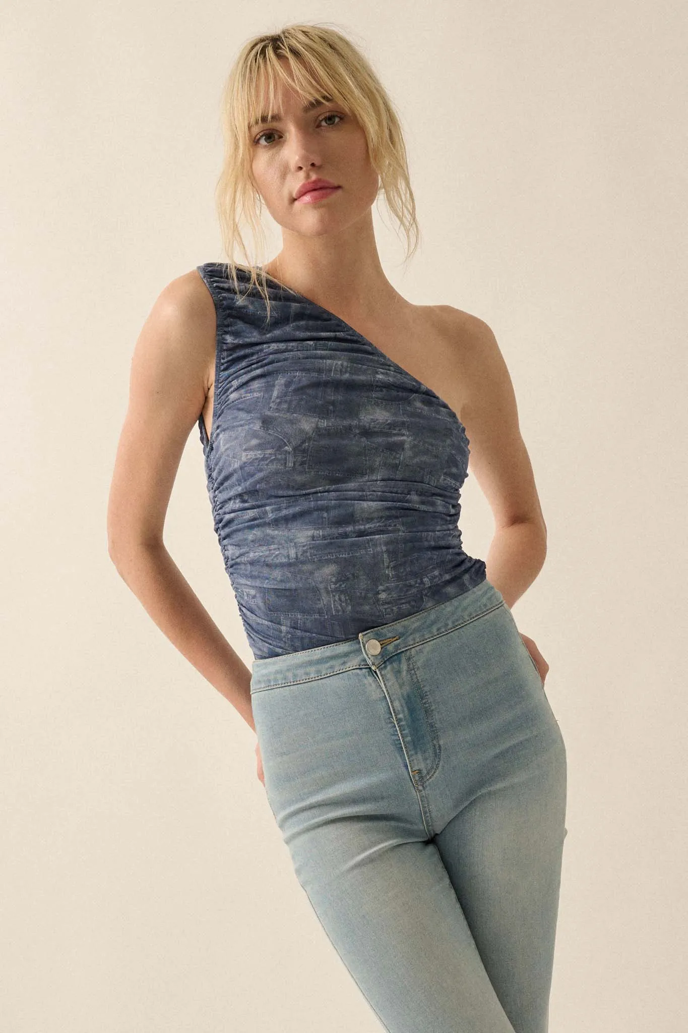 Indigo Girl Denim-Print Mesh One-Shoulder Bodysuit