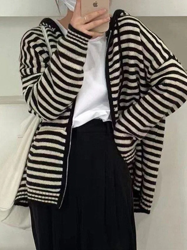 Joskaa Hooded Striped Long Sleeve Knit Cardigan